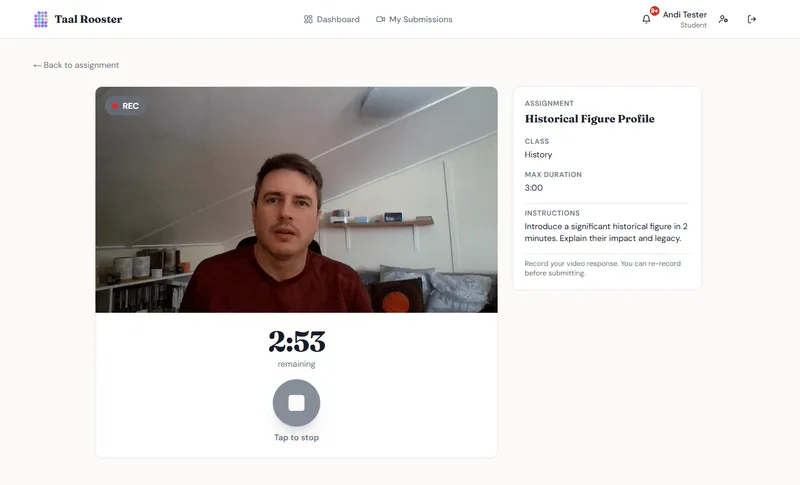 Student recording interface with webcam preview and timer